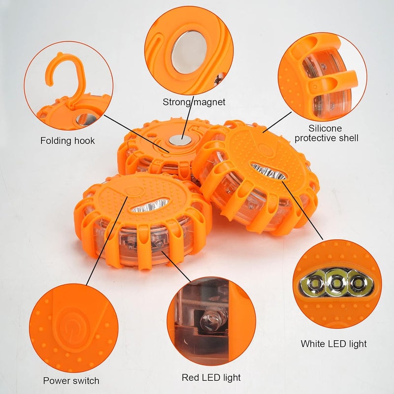 HEIGPAN GP906 LED Road Flares Safety Flashing Warning Lights Kit, Magnetic Base & Hook 9 Flash Modes, for Emergency Roadside Safety Warning 6 Pack (Batteries not Included) Orange - Image 3